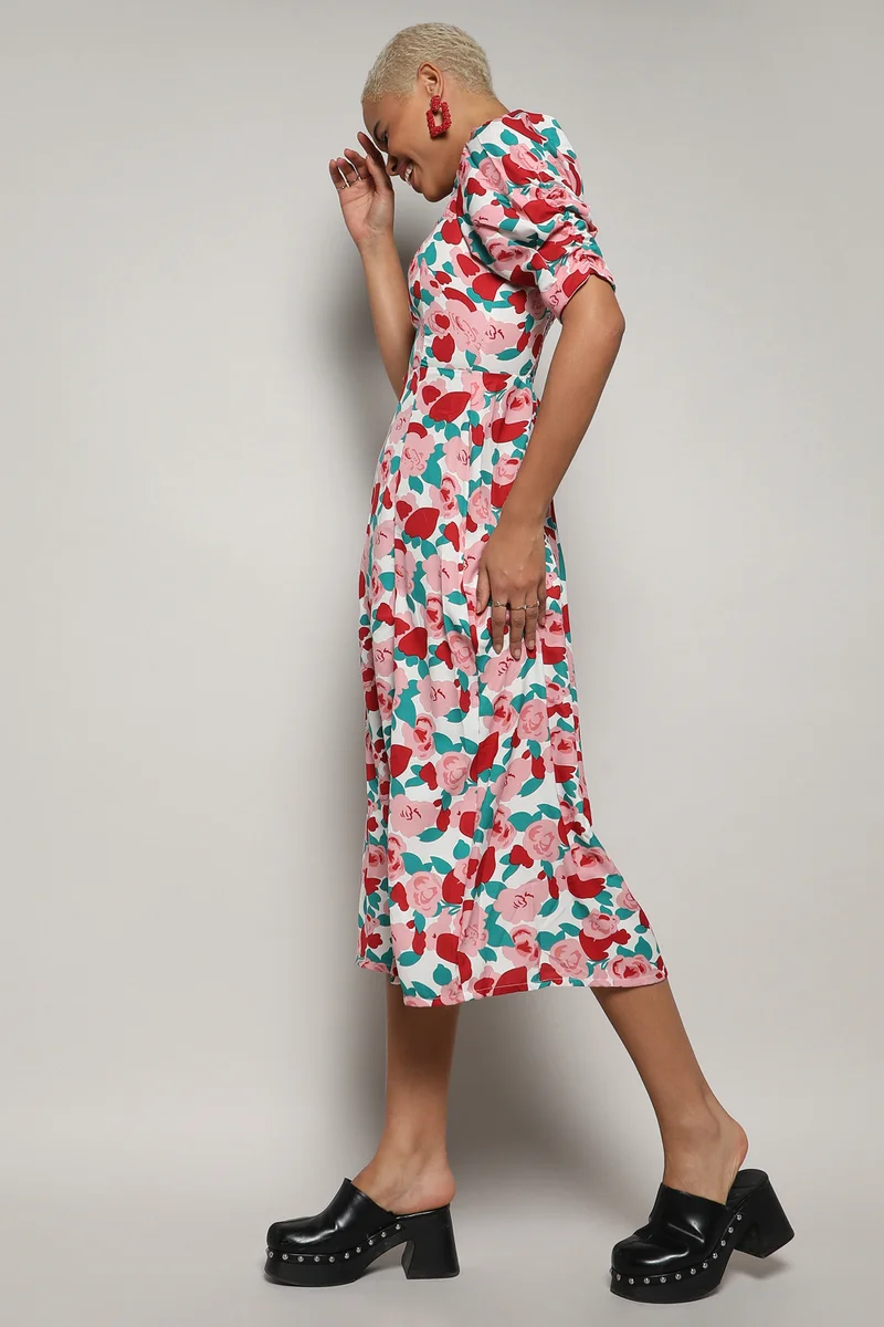 كامبوس سوترا Women's Crimson Red & White Rose Cluster Dress