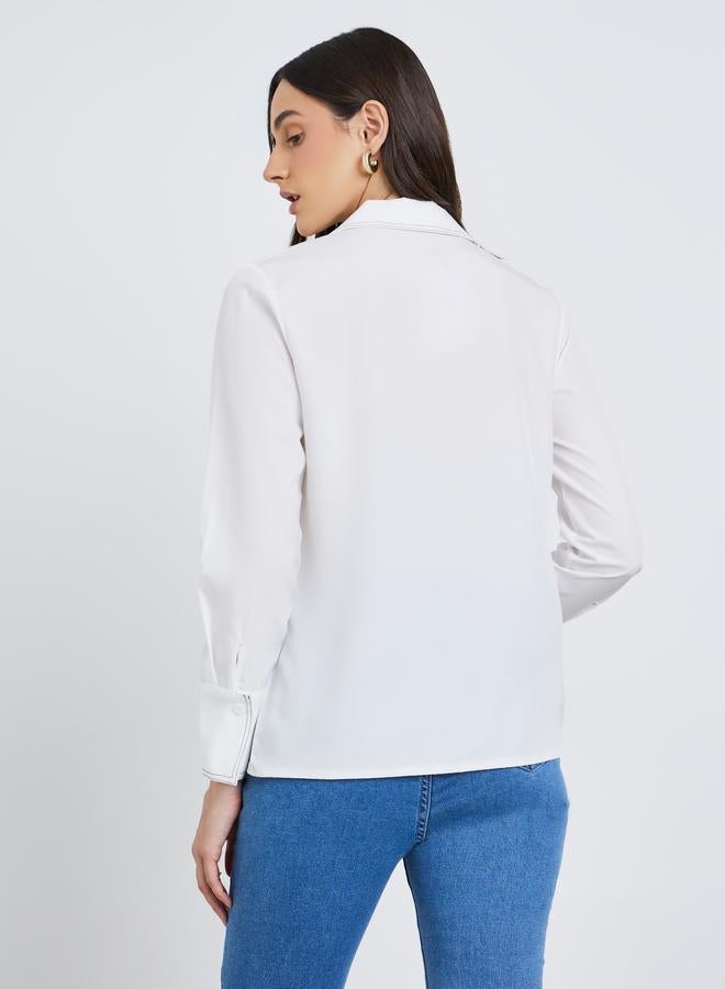 Styli White Contrast Stitch Detail Regular Fit Shirt - Image 5
