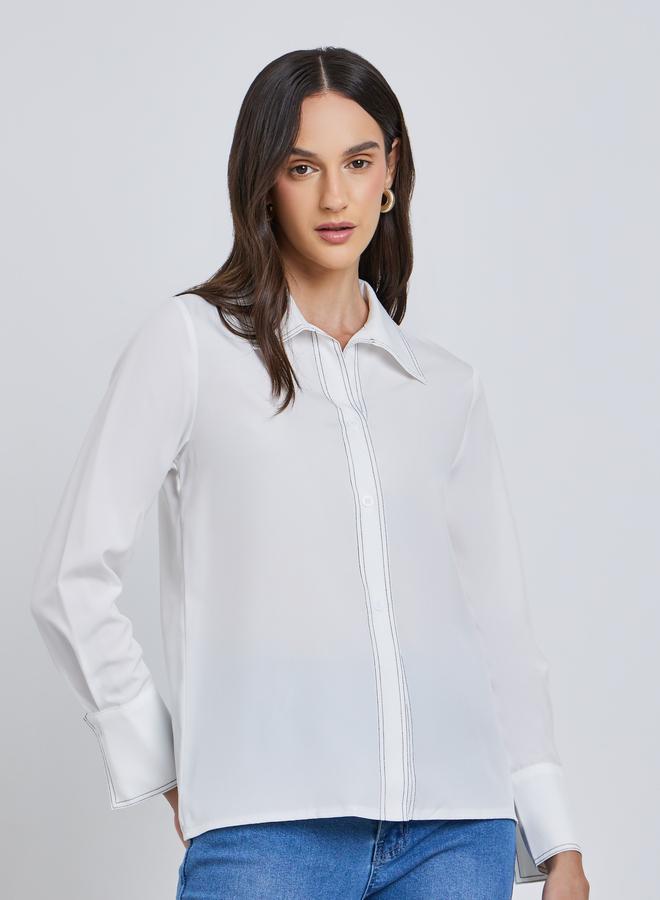 Styli White Contrast Stitch Detail Regular Fit Shirt - Image 3