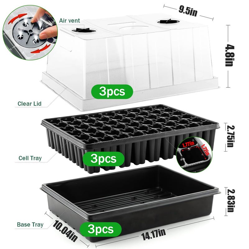 RooTrimmer Heavy Duty Seed Starter Trays with 5'' Tall Humidity Domes & 2.75'' Deep Cells â€“ 3-Pack (162 Cells Total) Reusable Plant Germination Kit, Durable Plastic Seedling Trays for Herbs, Vegetables - Image 2