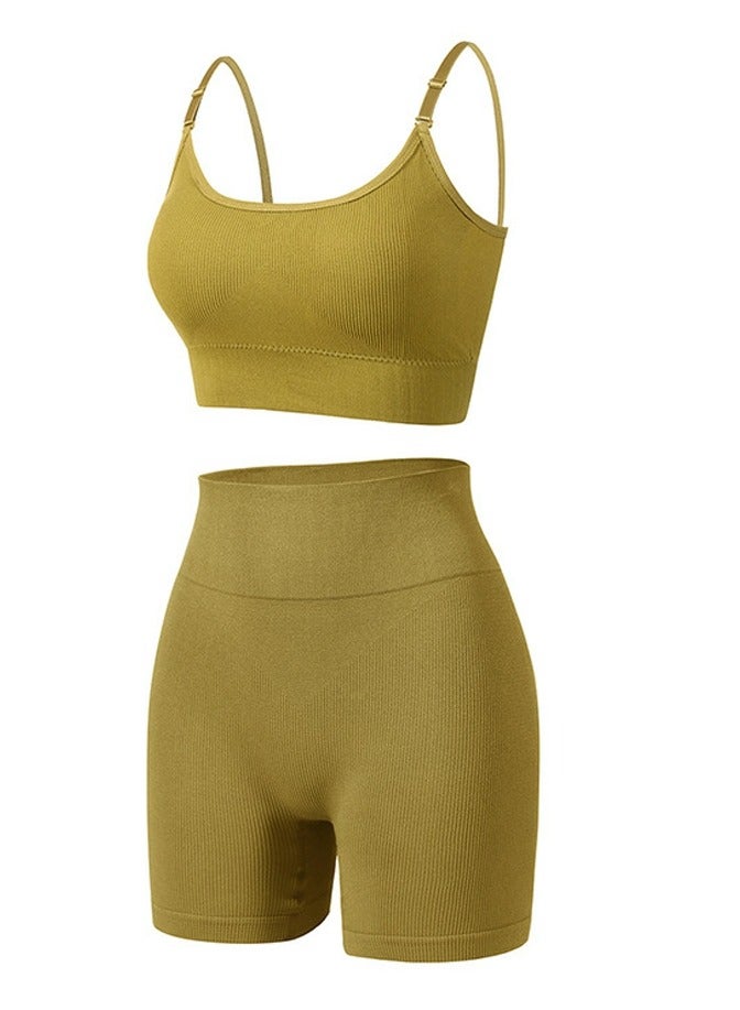 Loquat Women's Solid Color Sport Fitness Lingerie Set 2-piece Seamless Wireless Bra+High Waist Boxer Shorts Sport Suit Lemon Yellow 
