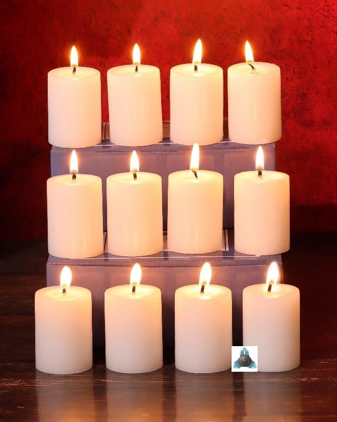 Stone & Feather (Winsome Decorative), Small White Pillar Candle Unscented, Pack of 12, Size 1.5x2 inch (Paraffin Wax) Long Burning time 8 Hours for Party and Event Decoration. - Image 1