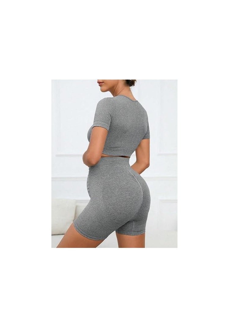 2 Piece Short Sleeve Maternity Outfits for Women Seamless Crop Tops with Over The Belly Pregnancy Yoga Shorts - Image 4