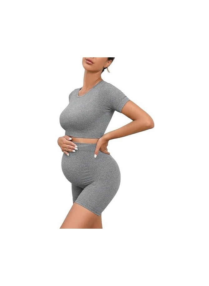 2 Piece Short Sleeve Maternity Outfits for Women Seamless Crop Tops with Over The Belly Pregnancy Yoga Shorts - Image 1