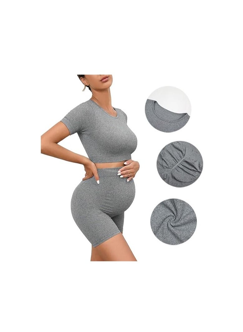 2 Piece Short Sleeve Maternity Outfits for Women Seamless Crop Tops with Over The Belly Pregnancy Yoga Shorts - Image 3