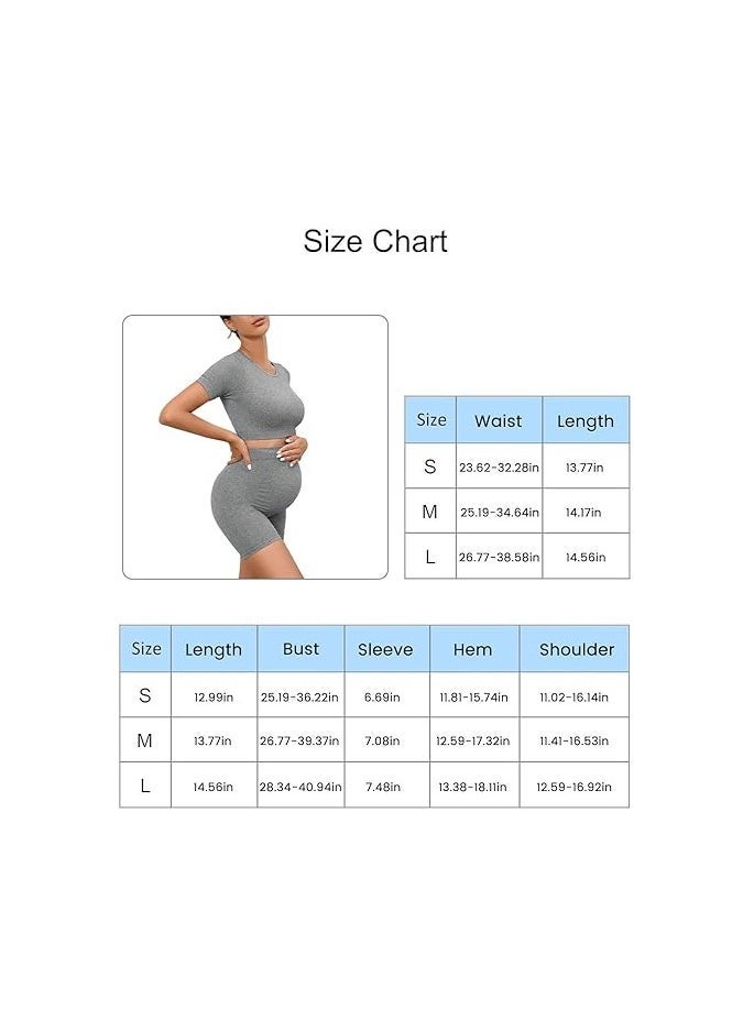 2 Piece Short Sleeve Maternity Outfits for Women Seamless Crop Tops with Over The Belly Pregnancy Yoga Shorts - Image 2