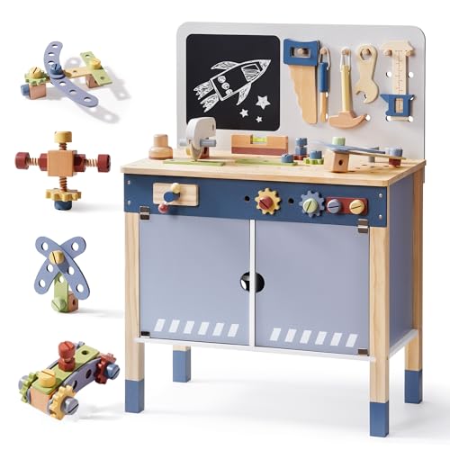 ROBOTIME Kids Tool Bench Wooden Tool Workbench for Toddler Tool Bench with Play Tools Set and Large Storage Space Toy Workbench Workshop for Boys and Girls Gift for Ages 3 - Image 1