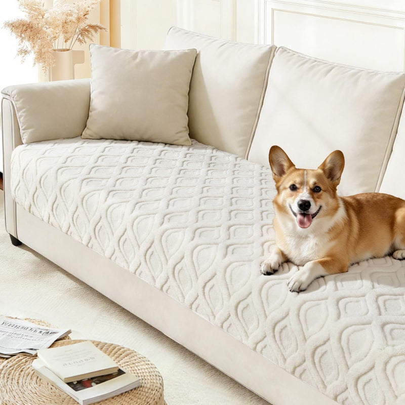 Arfntevss Couch Cover for Dogs Plush Washable Sofa Covers for 3 Cushion Couch Pet Friendly Fuzzy Sofa Slipcover 3 Seat Anti-Slip Boho Sectional Furniture Protector (Jacquard Plush Cream, 35.5" x 71") - Image 1