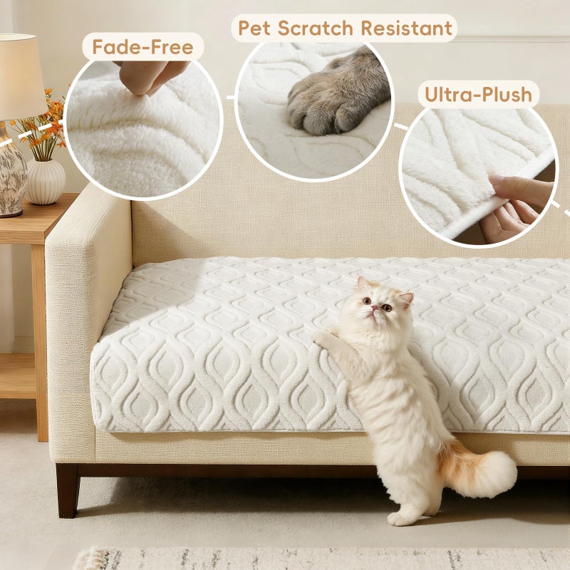 Arfntevss Couch Cover for Dogs Plush Washable Sofa Covers for 3 Cushion Couch Pet Friendly Fuzzy Sofa Slipcover 3 Seat Anti-Slip Boho Sectional Furniture Protector (Jacquard Plush Cream, 35.5" x 71") - Image 3