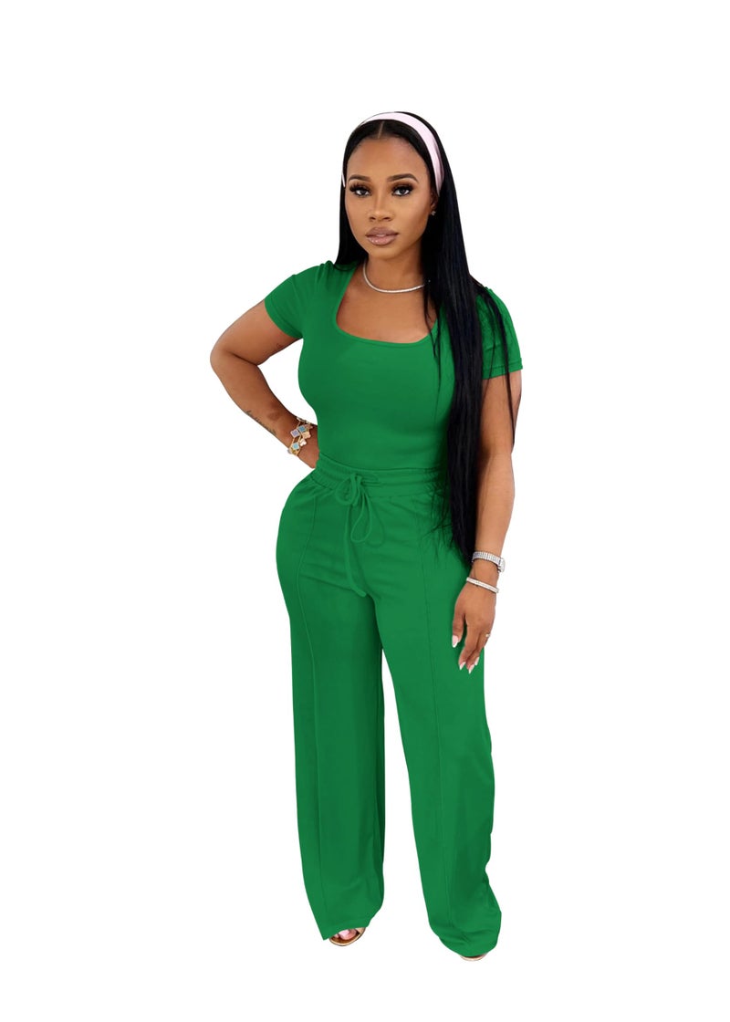 PINSV Women's 2 Piece Outfits Lounge Short Sleeve Tops High Waisted Wide Leg Pants Tracksuit Sets Emerald Green L - Image 2