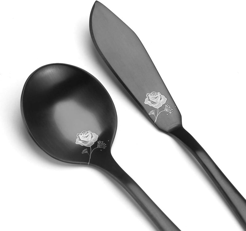 sharecook مجموعة التقديم الماتيه السوداء، 5 قطع 18/0 من الفولاذ المقاوم للصدأ مجموعة كبيرة للمضيفة بحواف مستديرة، تشطيب ساتان، آمنة للغسيل في غسالة الأطباق - ملاعق، شوك، سكين زبدة وملعقة مشقوقة - Image 4