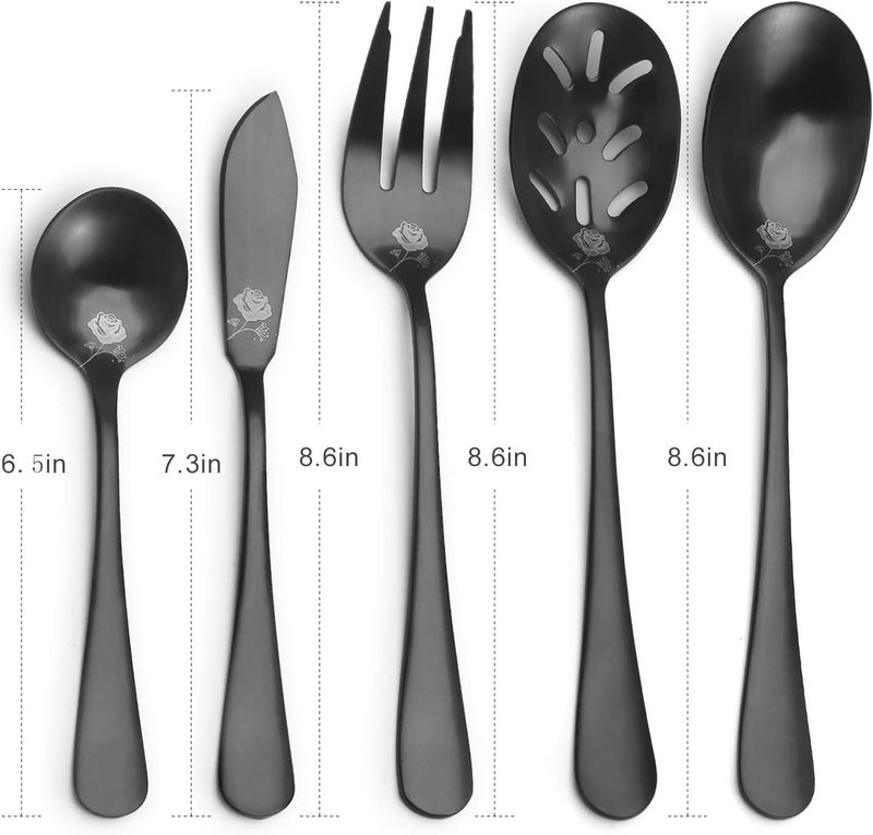 sharecook مجموعة التقديم الماتيه السوداء، 5 قطع 18/0 من الفولاذ المقاوم للصدأ مجموعة كبيرة للمضيفة بحواف مستديرة، تشطيب ساتان، آمنة للغسيل في غسالة الأطباق - ملاعق، شوك، سكين زبدة وملعقة مشقوقة - Image 2