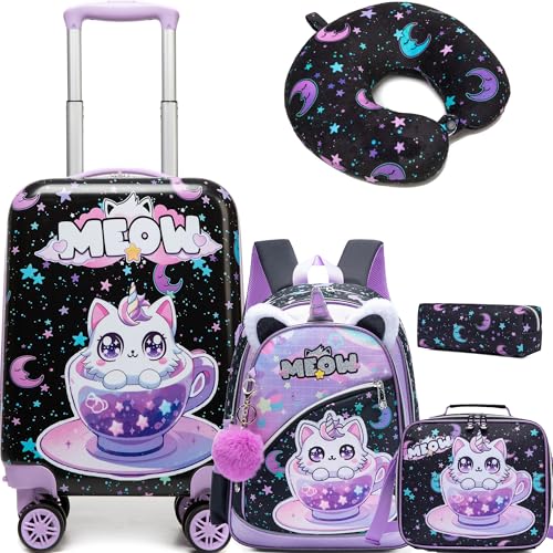 Inprof Kids Luggage Set 5 Piece Suitcase Set 16 Hardside Spinner Wheels Girls Carry On Toddler Travel Rolling Airline Approved - Image 1