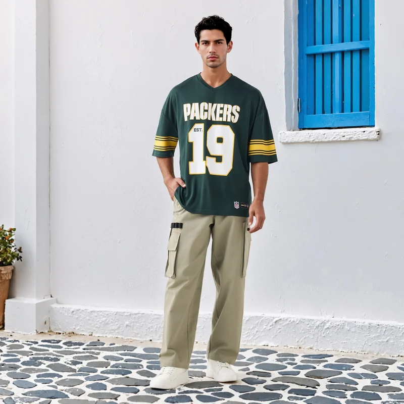 SP Characters Packers Print V-neck T-shirt with Short Sleeves