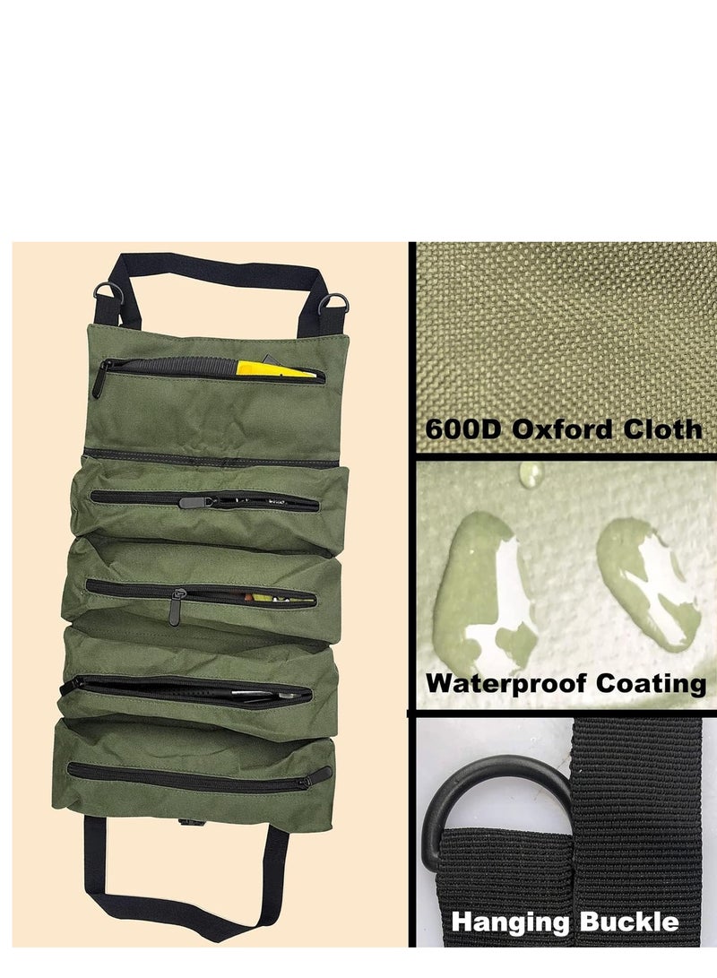 KASTWAVE Tool Roll Up Bag, Multi-Purpose Waterproof Oxford Cloth, Heavy-Duty Tool Organizer Bag with 5 Tool Pockets, Suitable for Electricians, Machinists and Hobbyist, Gift for Men, Army Green - Image 2