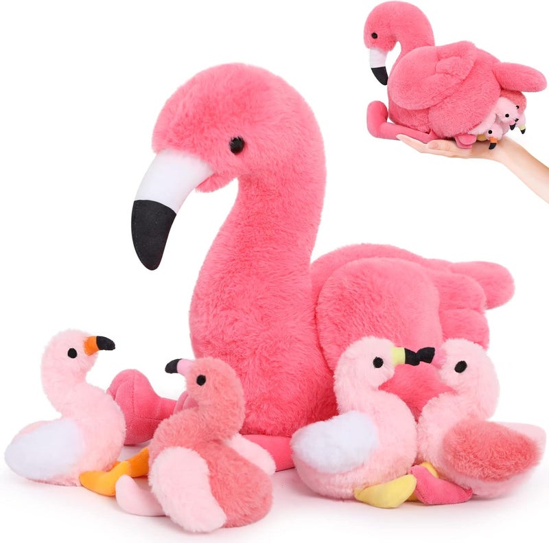 MorisMos 45 cm Sitting Plush Flamingo with 4 Babies in Belly, Pink Cute Cuddly Flamingo Plush Toy, Soft Toy, Decorative Cushion, Birthday Theme Party, Christmas Gift - Image 1