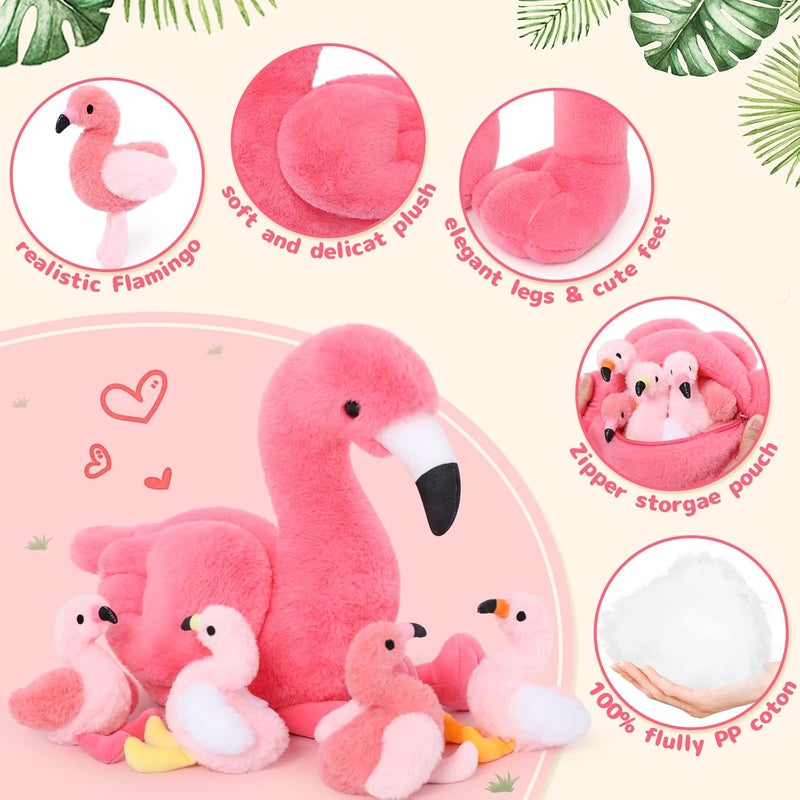 MorisMos 45 cm Sitting Plush Flamingo with 4 Babies in Belly, Pink Cute Cuddly Flamingo Plush Toy, Soft Toy, Decorative Cushion, Birthday Theme Party, Christmas Gift - Image 2