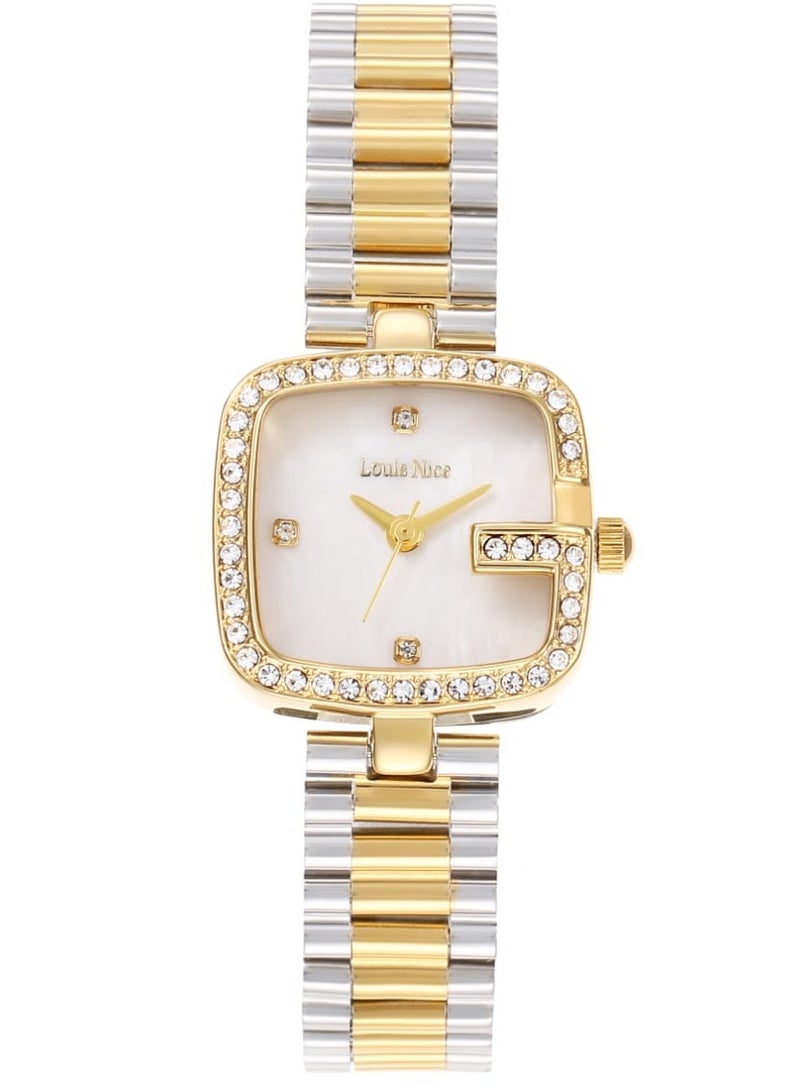 A stylish and attractive women's wristwatch with a square frame adorned with a row of sparkling zircon stones.