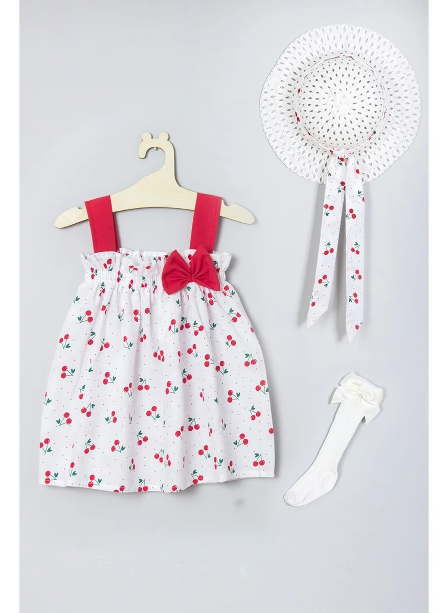 Ada Bebek Çocuk Ada Baby Kids Hat Cherry Pattern Dress Knee-Length Bow Socks Set 008