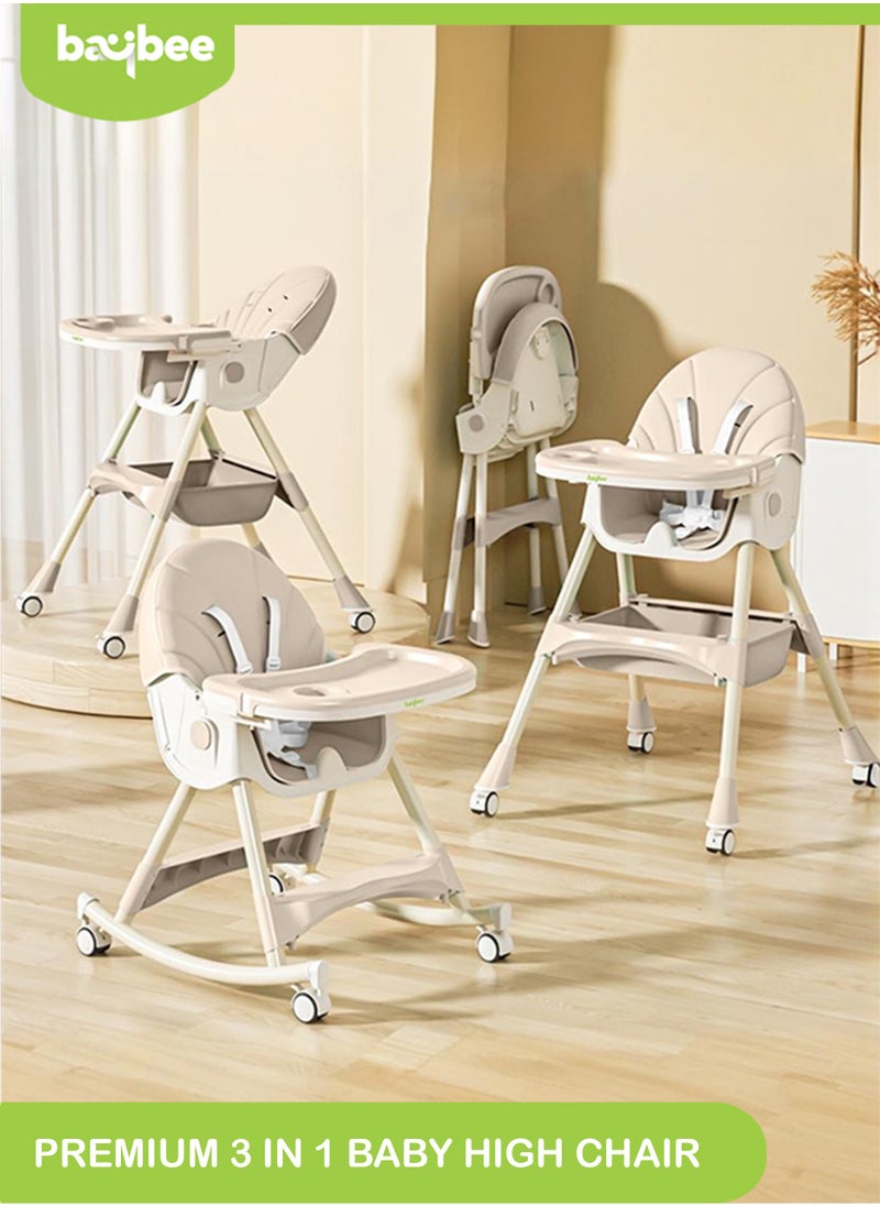 BAYBEE IRIS 3 in 1 Baby High Chair For Kids, Baby Feeding Chair Booster Seat With Rocker, Wheels, Storage, Recline - Beige  - Image 1