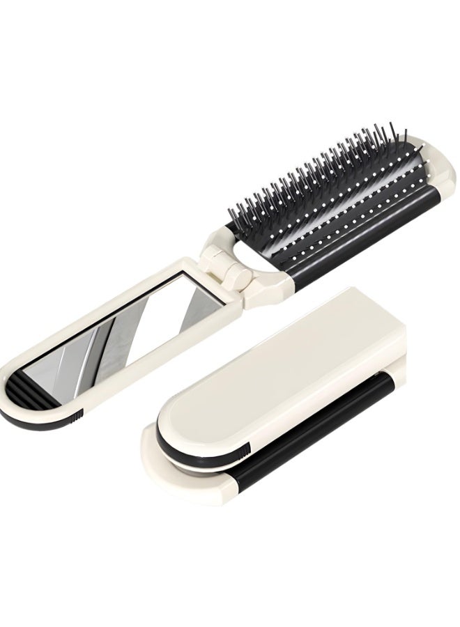 2 Pack Folding Travel Hair Brush with Detachable Mirror – Portable Scalp Massage Comb for Women & Men, Cream Yellow - Image 1