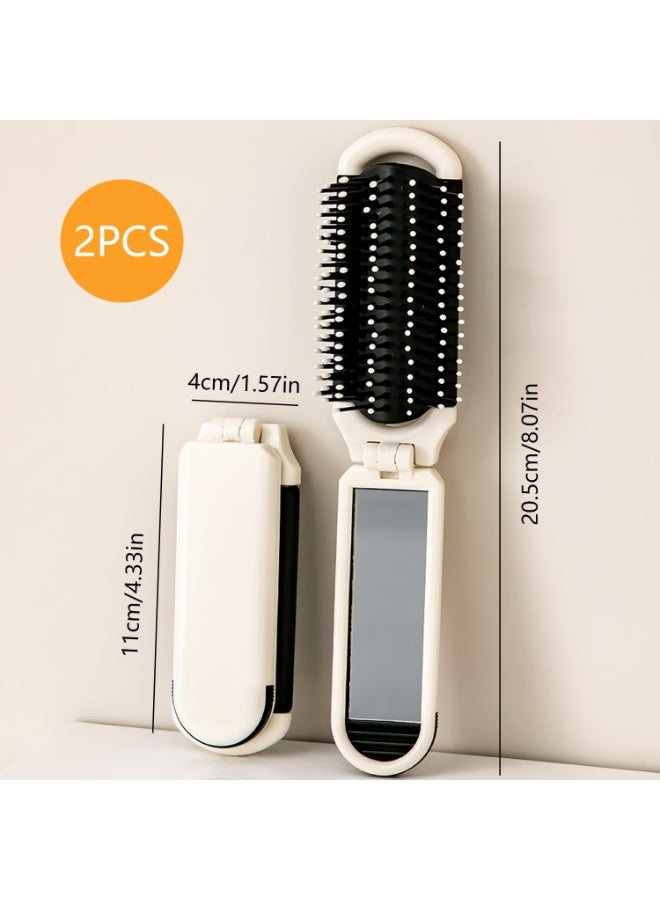 2 Pack Folding Travel Hair Brush with Detachable Mirror – Portable Scalp Massage Comb for Women & Men, Cream Yellow - Image 2