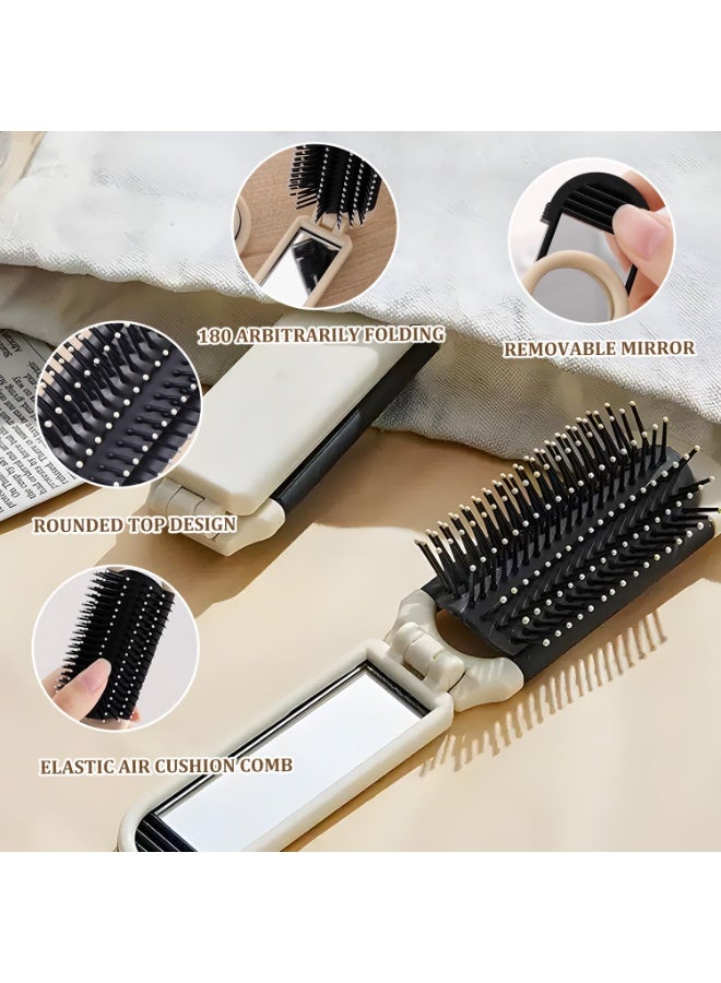 2 Pack Folding Travel Hair Brush with Detachable Mirror – Portable Scalp Massage Comb for Women & Men, Cream Yellow - Image 3