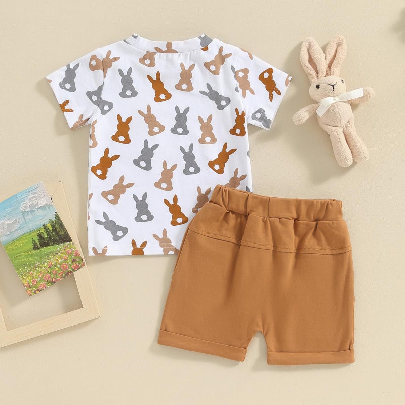 BeQeuewll Baby Boy Easter Outfit Short Sleeve Bunny Shirt Top Solid Summer Shorts Boys Clothing Set 3M 6M 9M 12M 18M 2T 3T (Bunny-Brown, 6-12 Months) - Image 3