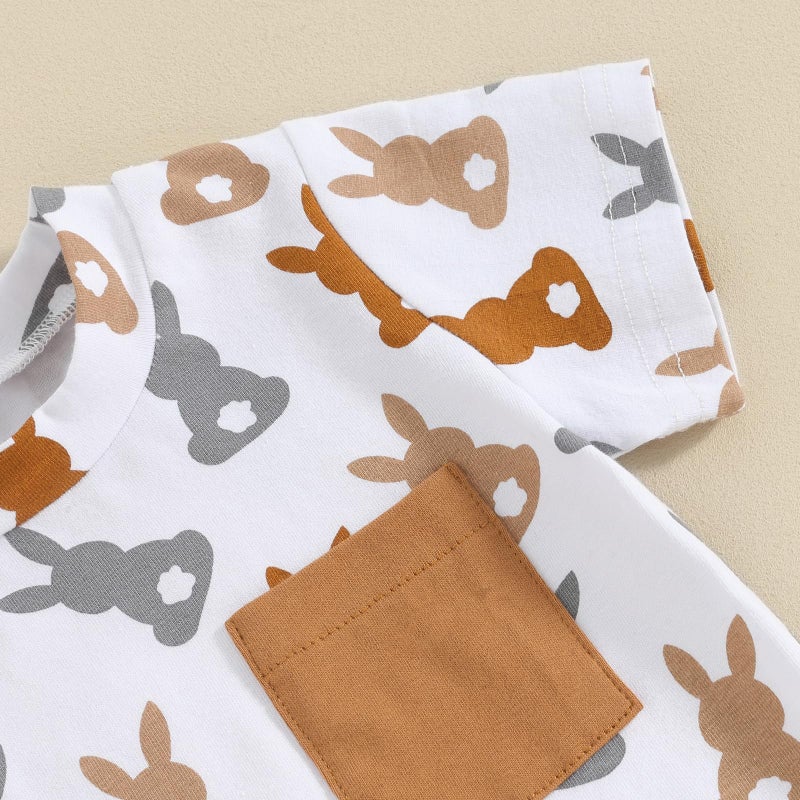 BeQeuewll Baby Boy Easter Outfit Short Sleeve Bunny Shirt Top Solid Summer Shorts Boys Clothing Set 3M 6M 9M 12M 18M 2T 3T (Bunny-Brown, 6-12 Months) - Image 5