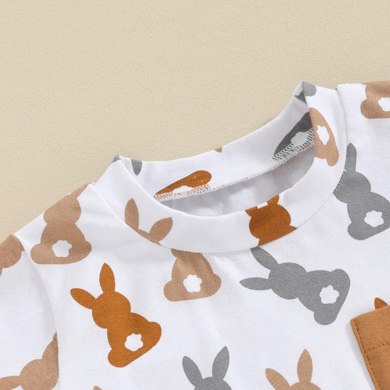 BeQeuewll Baby Boy Easter Outfit Short Sleeve Bunny Shirt Top Solid Summer Shorts Boys Clothing Set 3M 6M 9M 12M 18M 2T 3T (Bunny-Brown, 6-12 Months) - Image 4