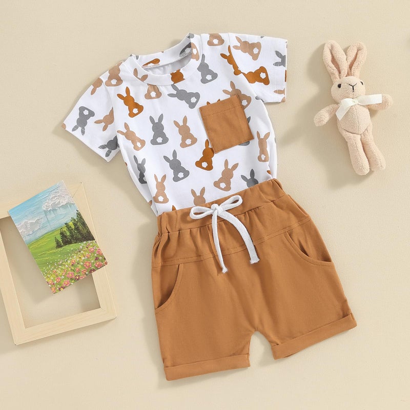 BeQeuewll Baby Boy Easter Outfit Short Sleeve Bunny Shirt Top Solid Summer Shorts Boys Clothing Set 3M 6M 9M 12M 18M 2T 3T (Bunny-Brown, 6-12 Months) - Image 2