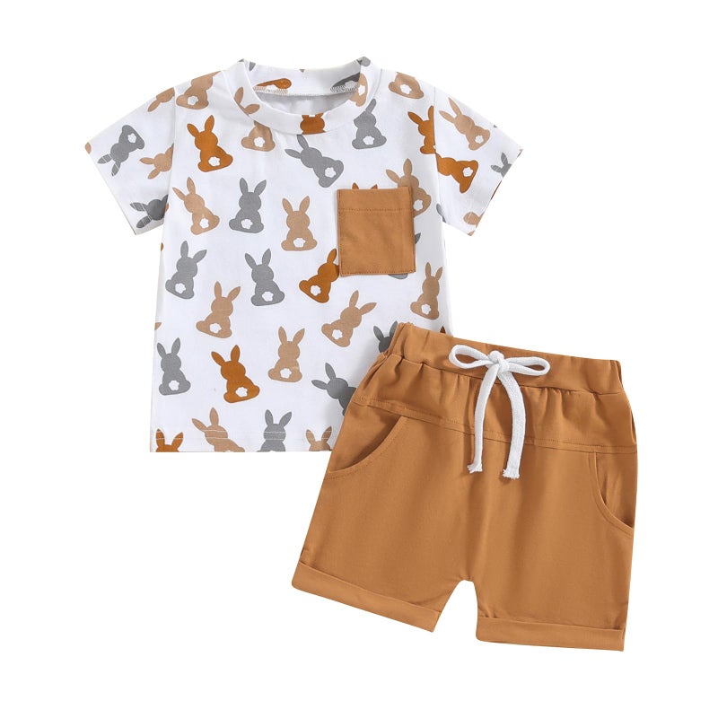 BeQeuewll Baby Boy Easter Outfit Short Sleeve Bunny Shirt Top Solid Summer Shorts Boys Clothing Set 3M 6M 9M 12M 18M 2T 3T (Bunny-Brown, 6-12 Months) - Image 1
