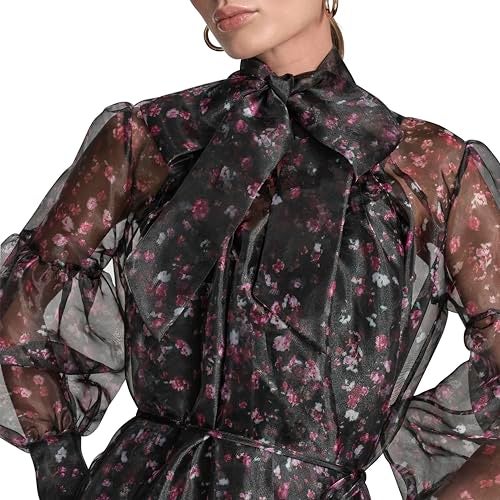 BCBG Women's Long Sleeve Tie Neck Organza Overlay Mini Dress, Black/Hot Pink - Image 2