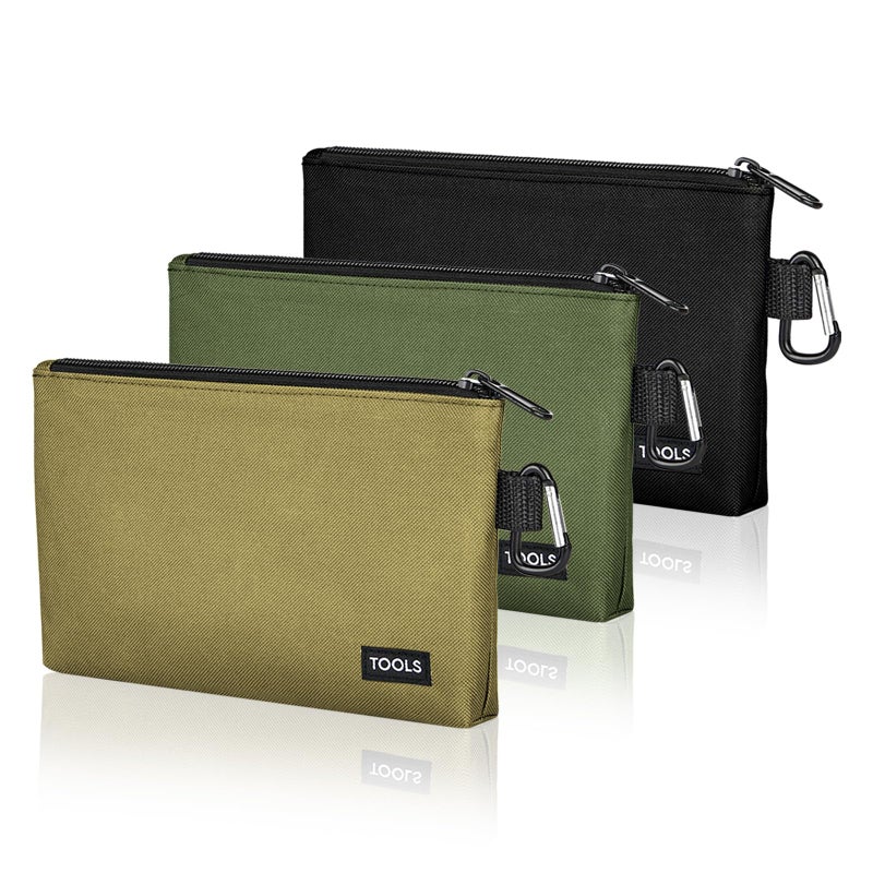 Coidea 3 Pack Premium Tool Pouches Zipper Bag, 8 in Small Tools Bags with Carabiner, Heavy Duty Flat Bottom Utility Multipurpose Storage Organizer Bag for Tool, Stationary, Pencil (Tan, Navy Green, Black) - Image 1