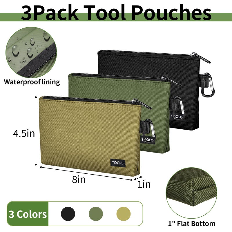 Coidea 3 Pack Premium Tool Pouches Zipper Bag, 8 in Small Tools Bags with Carabiner, Heavy Duty Flat Bottom Utility Multipurpose Storage Organizer Bag for Tool, Stationary, Pencil (Tan, Navy Green, Black) - Image 2
