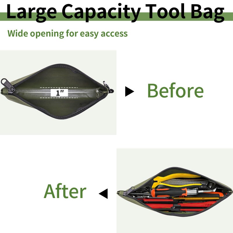 Coidea 3 Pack Premium Tool Pouches Zipper Bag, 8 in Small Tools Bags with Carabiner, Heavy Duty Flat Bottom Utility Multipurpose Storage Organizer Bag for Tool, Stationary, Pencil (Tan, Navy Green, Black) - Image 4