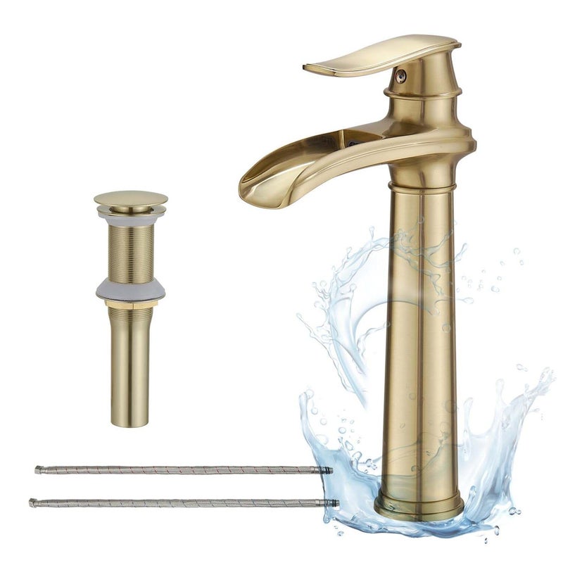 Greenspring Brushed Gold Vessel Sink Faucet Waterfall Farmhouse Bathroom Faucets Single Hole Single Handle Lavatory Commercial Bath Vanity Tap with Bathroom Sink Drain