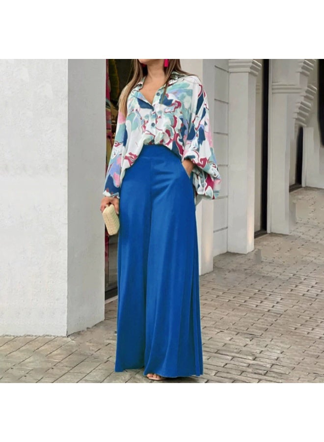 general 2025-2026 Women's set loose large size casual printed shirt solid color wide leg pants two-piece set - Image 1