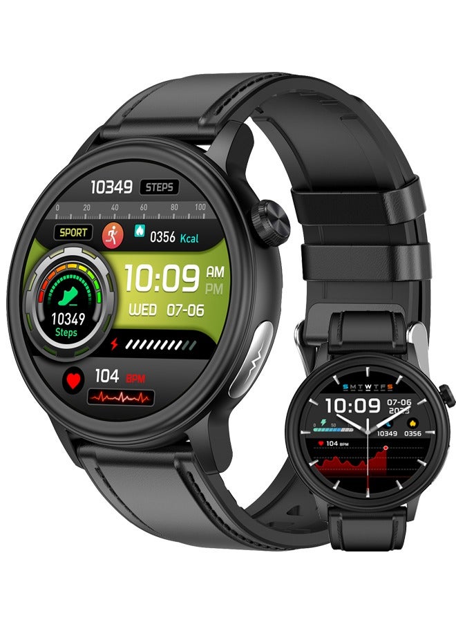 RollsTimi  1.39" HD Round Smart Watches for Men Women, Outdoor Smartwatch for Android iOS, 100+ Sports, IP68 Waterproof, 340mAh, Black Leather Strap - Image 1