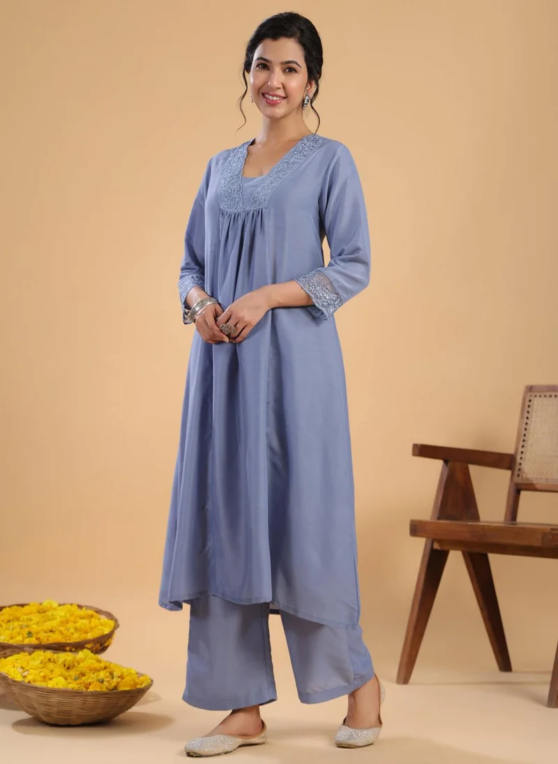 ZERESOUQ Blue & Sage Muslin Gathering 2-Piece Kurta Set
