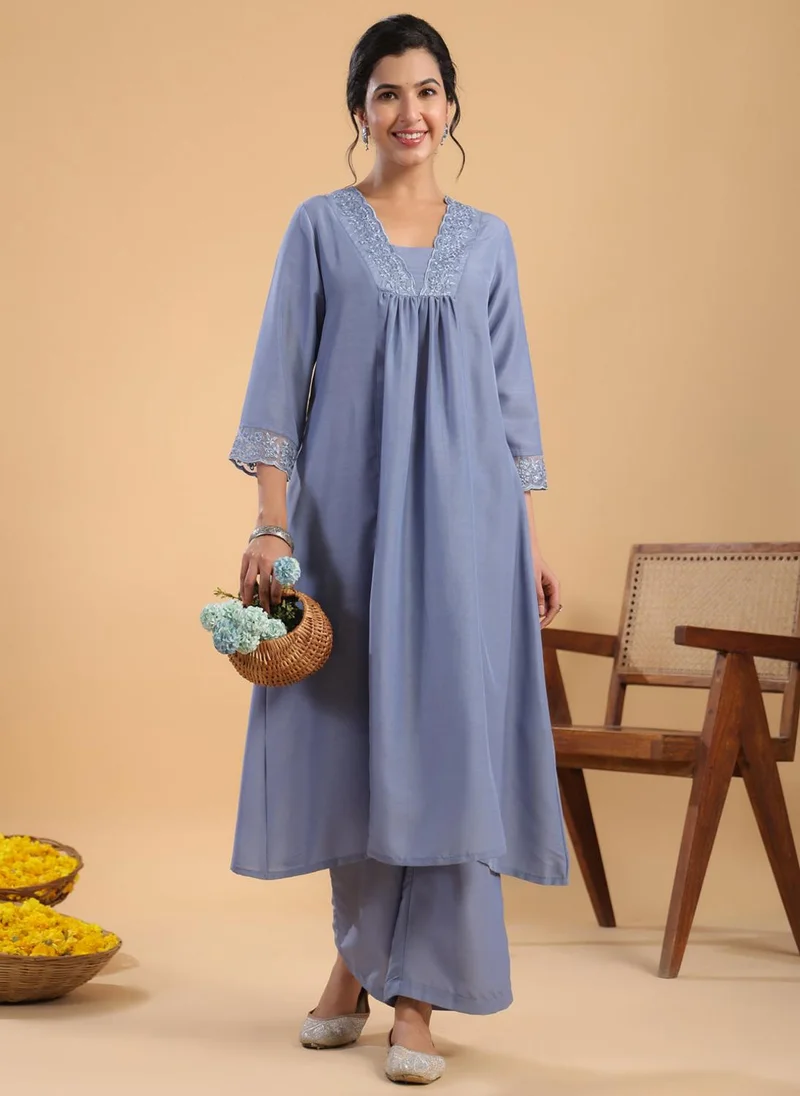 ZERESOUQ Blue & Sage Muslin Gathering 2-Piece Kurta Set
