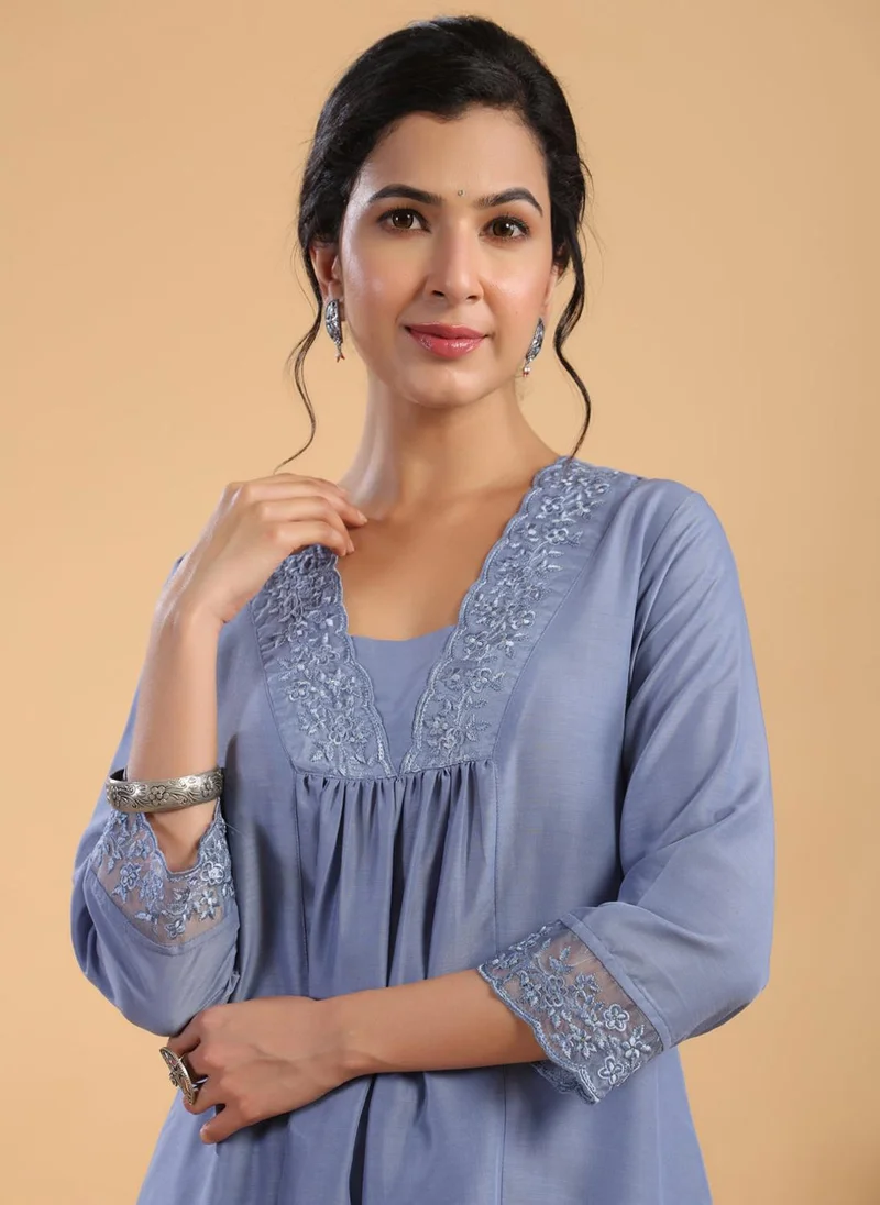 ZERESOUQ Blue & Sage Muslin Gathering 2-Piece Kurta Set