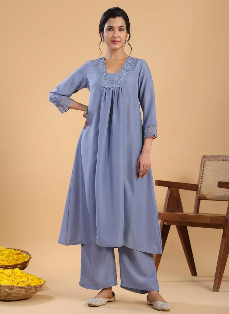 ZERESOUQ Blue & Sage Muslin Gathering 2-Piece Kurta Set