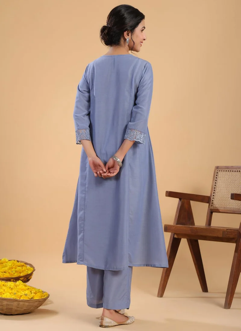 ZERESOUQ Blue & Sage Muslin Gathering 2-Piece Kurta Set