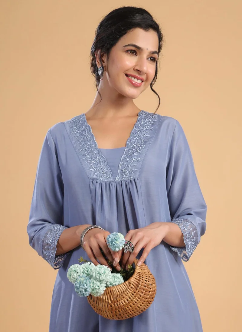 ZERESOUQ Blue & Sage Muslin Gathering 2-Piece Kurta Set