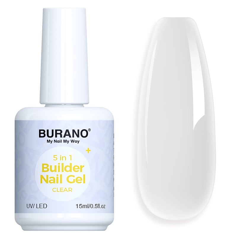 BURANO 5 in 1 Builder Base Gel 0.5 oz, Builder Gel for Nails Hard Gel Nail Extension Quick Building Gel, Builder Gel in a Bottle for Nail Pro & Beginner (Clear)
