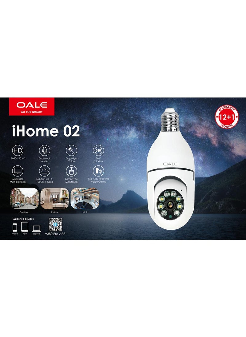 OALE - OALE iHome 02 Dual-Line Audio 360° Security Camera with Bulb Design,1080P, Night Vision, Motion Detection, White - Image 1