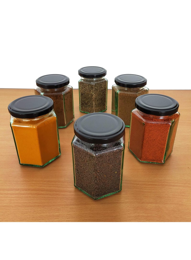 Sweet seven جرار زجاجية تخزين سداسية مع أغطية - مجموعة من 6 | حاويات زجاجية عالية الجودة للتوابل، المربى، الحلويات | 280 مل لكل منها - Image 3
