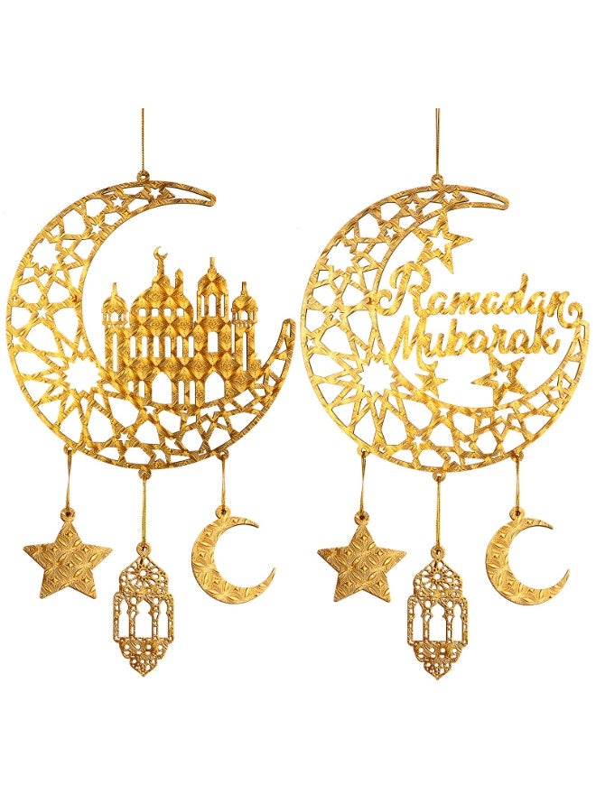 2 Pieces Eid Mubarak Door Sign Wooden Hanging Signs, Ramadan Kareem Hollow Ornament Decorations Moon and Stars, Moon Shape Ramadan Mubarak Party Wood Wall Hanger for Islamic Muslim Home Decor - Image 1