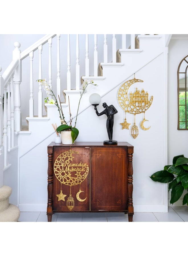 2 Pieces Eid Mubarak Door Sign Wooden Hanging Signs, Ramadan Kareem Hollow Ornament Decorations Moon and Stars, Moon Shape Ramadan Mubarak Party Wood Wall Hanger for Islamic Muslim Home Decor - Image 5